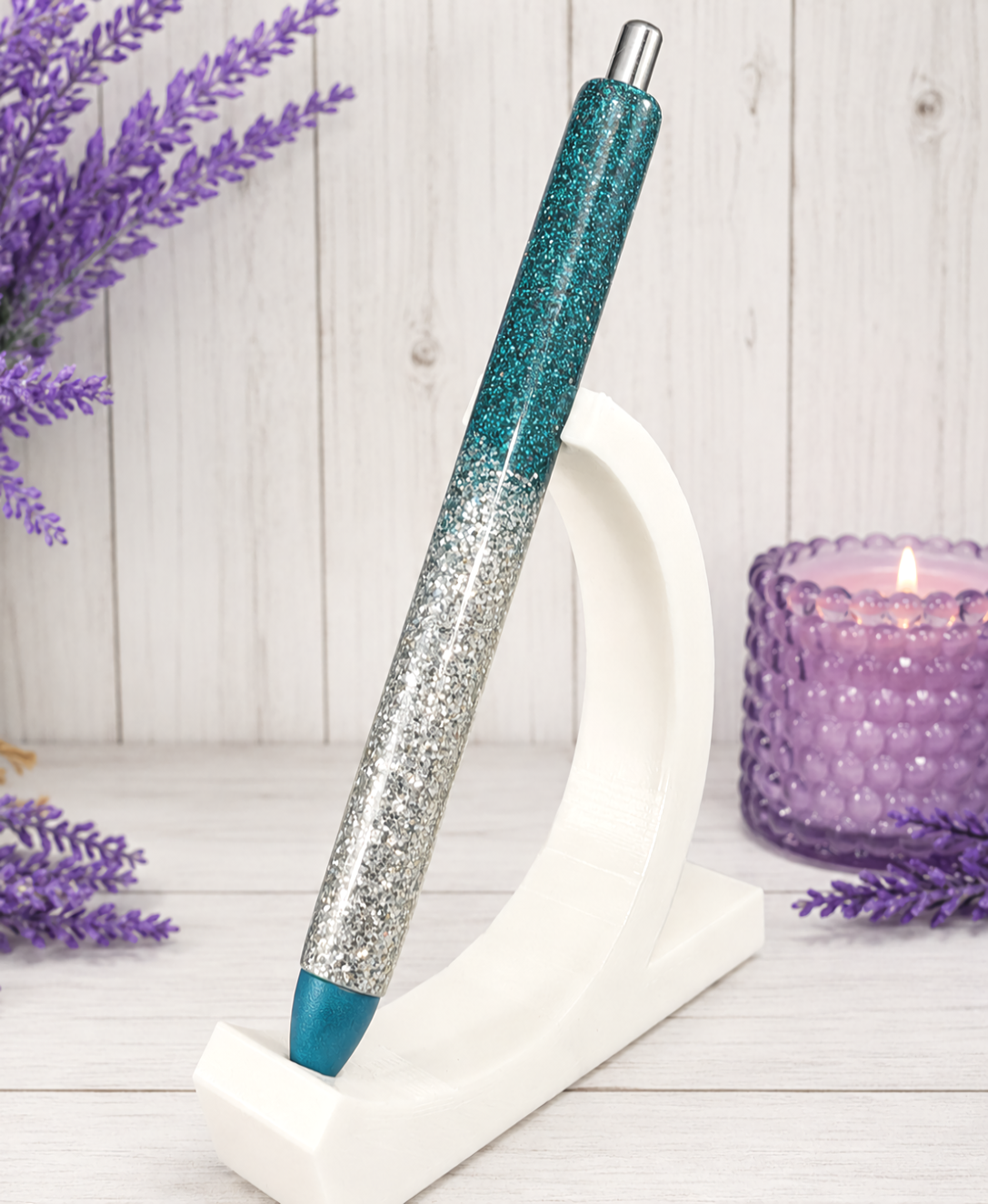 Handmade Dark Teal and Silver Ombre glitter pen with free refill