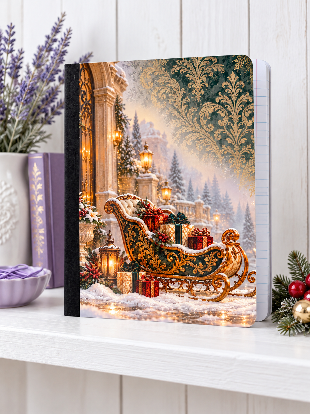 Decorative Vinyl Covered Composition Notebook Christmas Sleigh