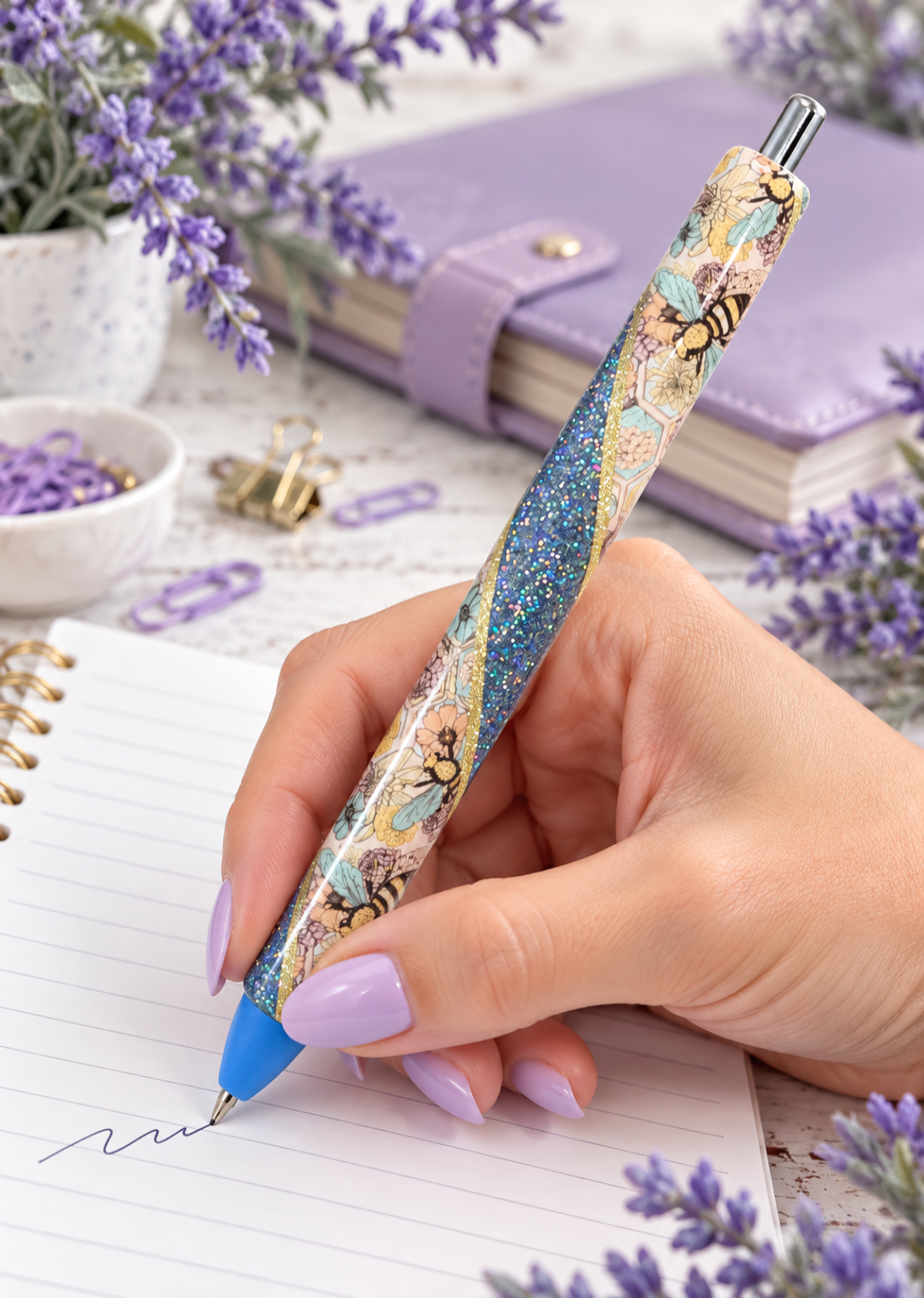 Handmade Boho Bees on blue glitter pen with free refill
