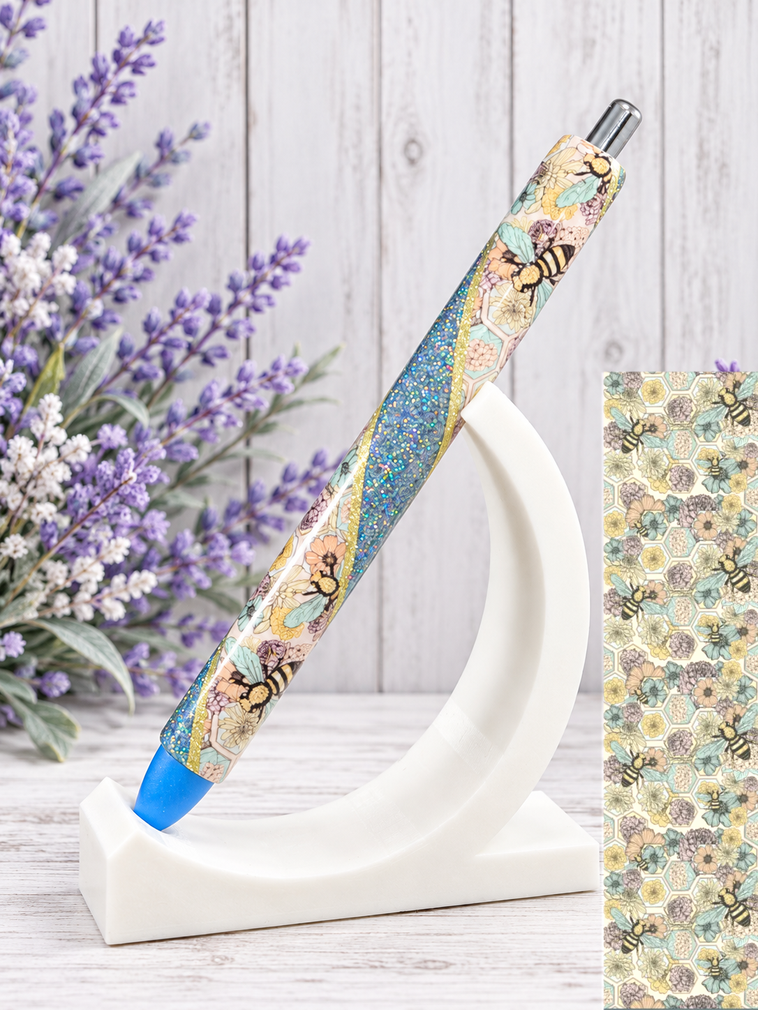 Handmade Boho Bees on blue glitter pen with free refill