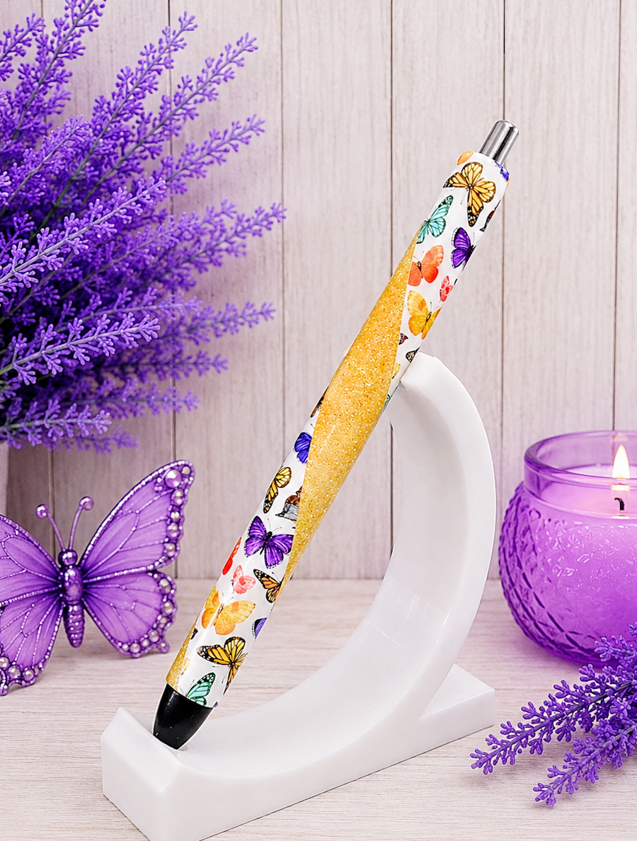 Handmade Multi Color Butterflies on yellow glitter pen with free refill