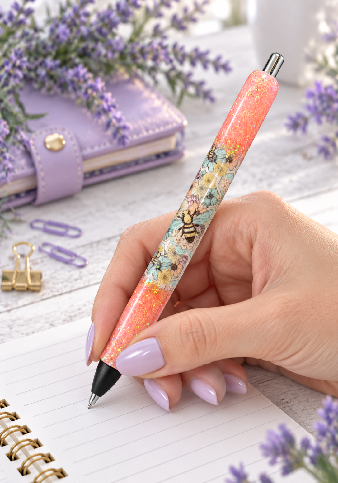 Handmade Peek A Boo Boho Bees on coral glitter pen with free refill