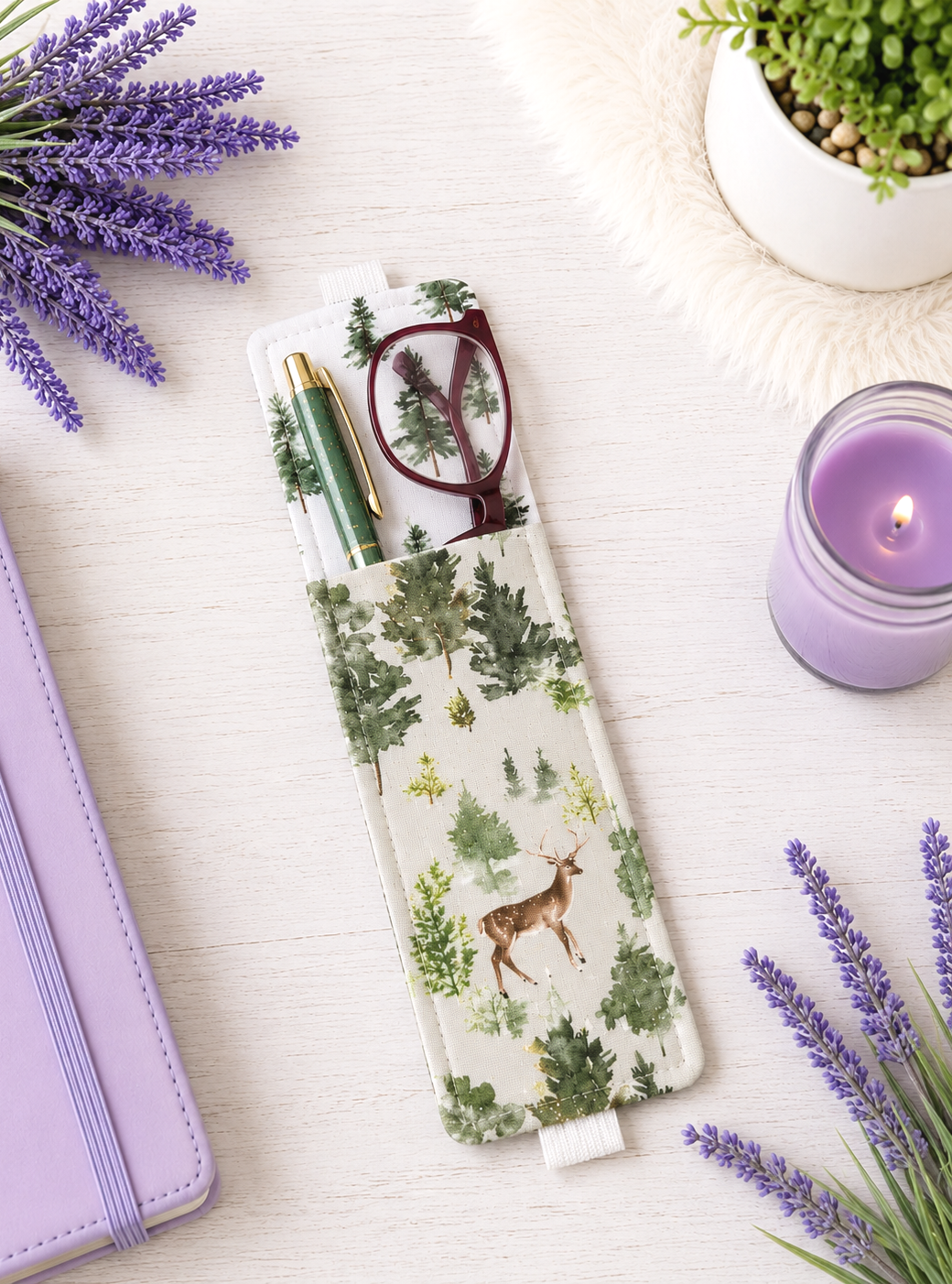 Handsewn Deer in Forest Bookmark with Accessory Pocket