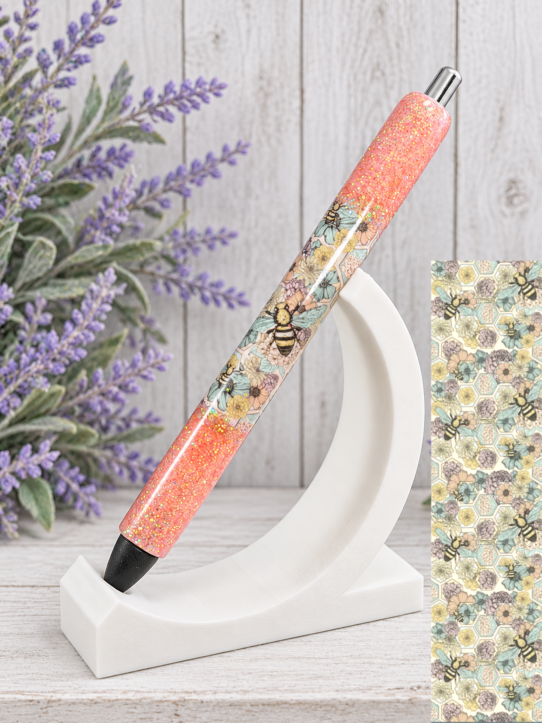 Handmade Peek A Boo Boho Bees on coral glitter pen with free refill