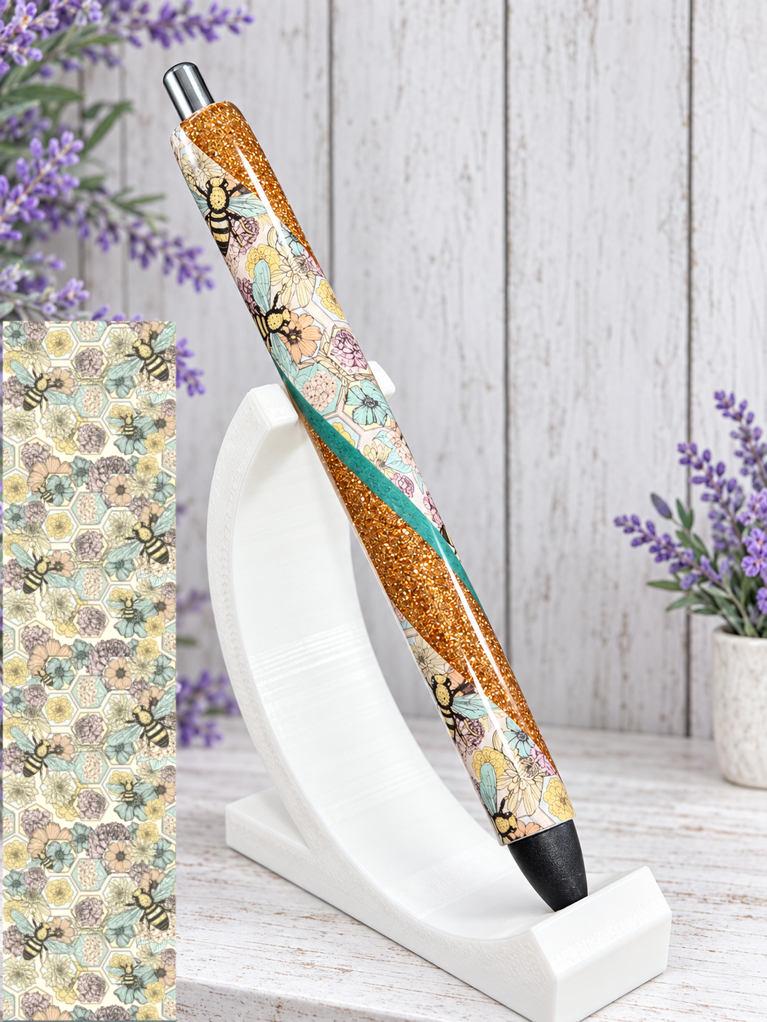 Handmade Boho Bees on gold glitter pen with free refill
