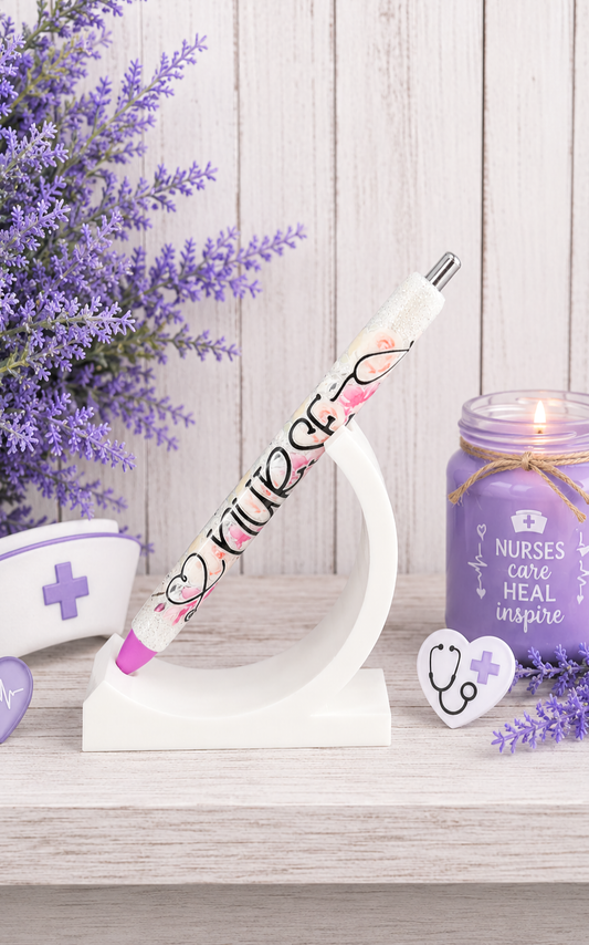 Handmade Nurse pink flowers  glitter pen with free refill