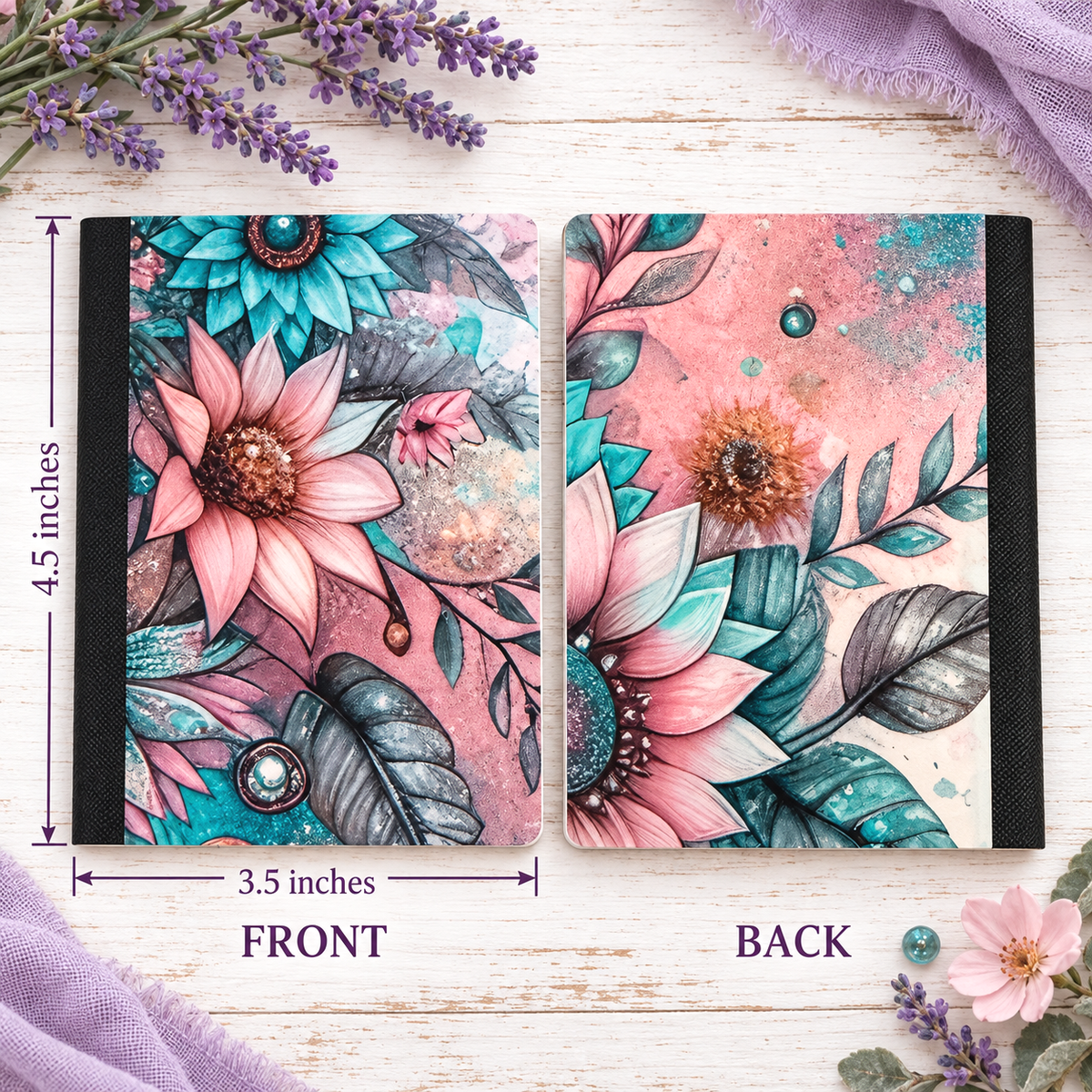 Decorative Vinyl Covered MINIATURE Composition Notebook Pink and Aqua Flowers