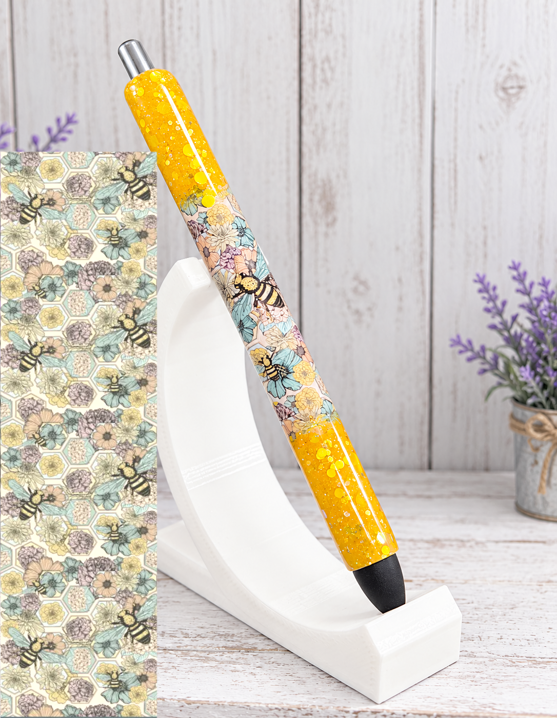Handmade Peek A Boo Boho Bees on yellow glitter pen with free refill