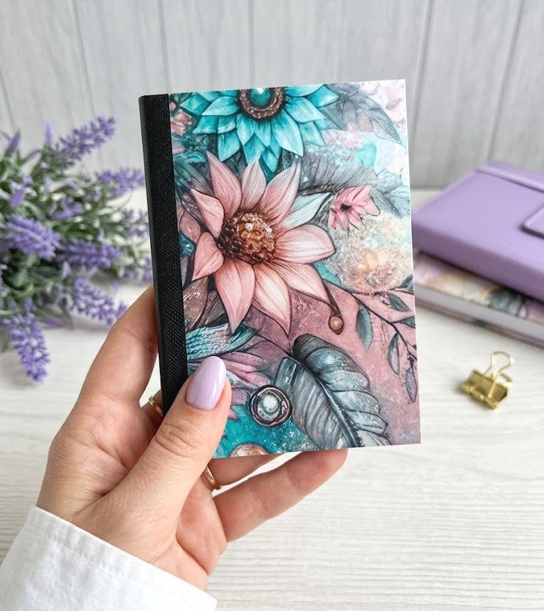 Decorative Vinyl Covered MINIATURE Composition Notebook Pink and Aqua Flowers