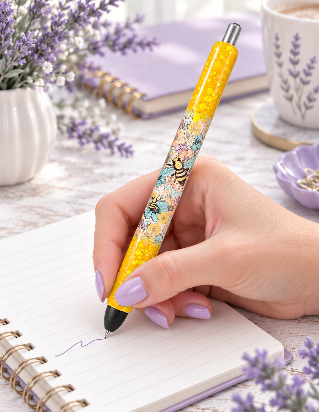 Handmade Peek A Boo Boho Bees on yellow glitter pen with free refill