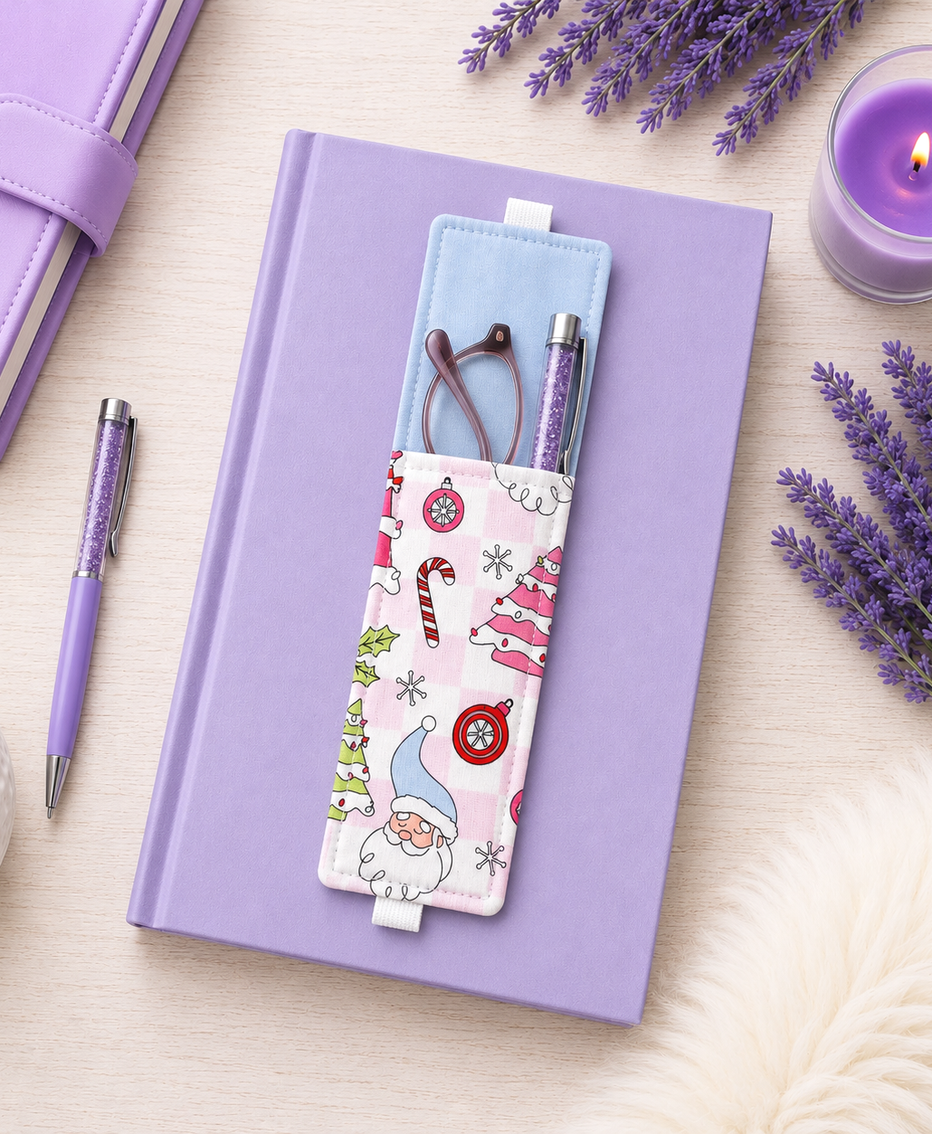 Handsewn Pink Christmas Fabric Bookmark with Accessory Pocket