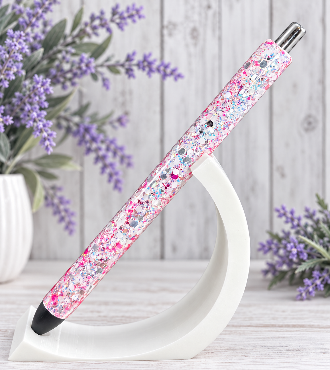 Handmade Pink White and Silver mix glitter pen with free refill
