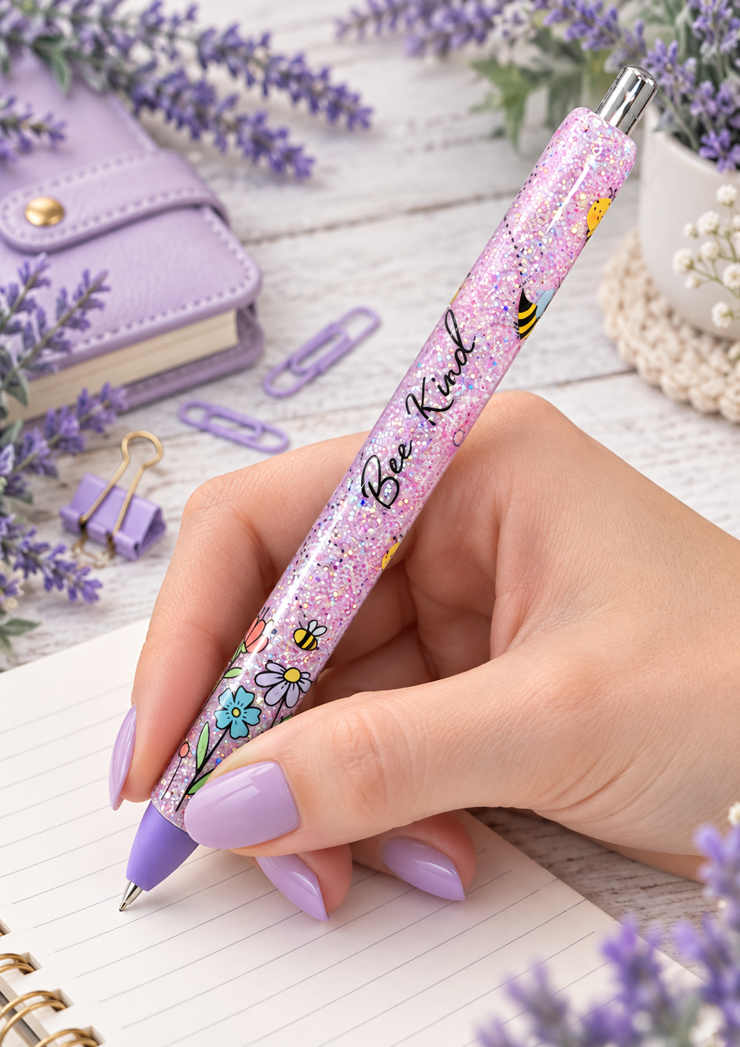 Handmade Bee Kind on lavender glitter pen with free refill