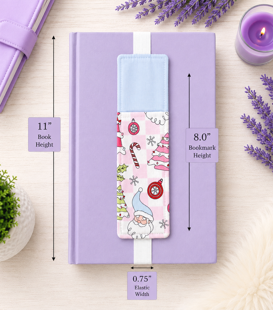 Handsewn Pink Christmas Fabric Bookmark with Accessory Pocket
