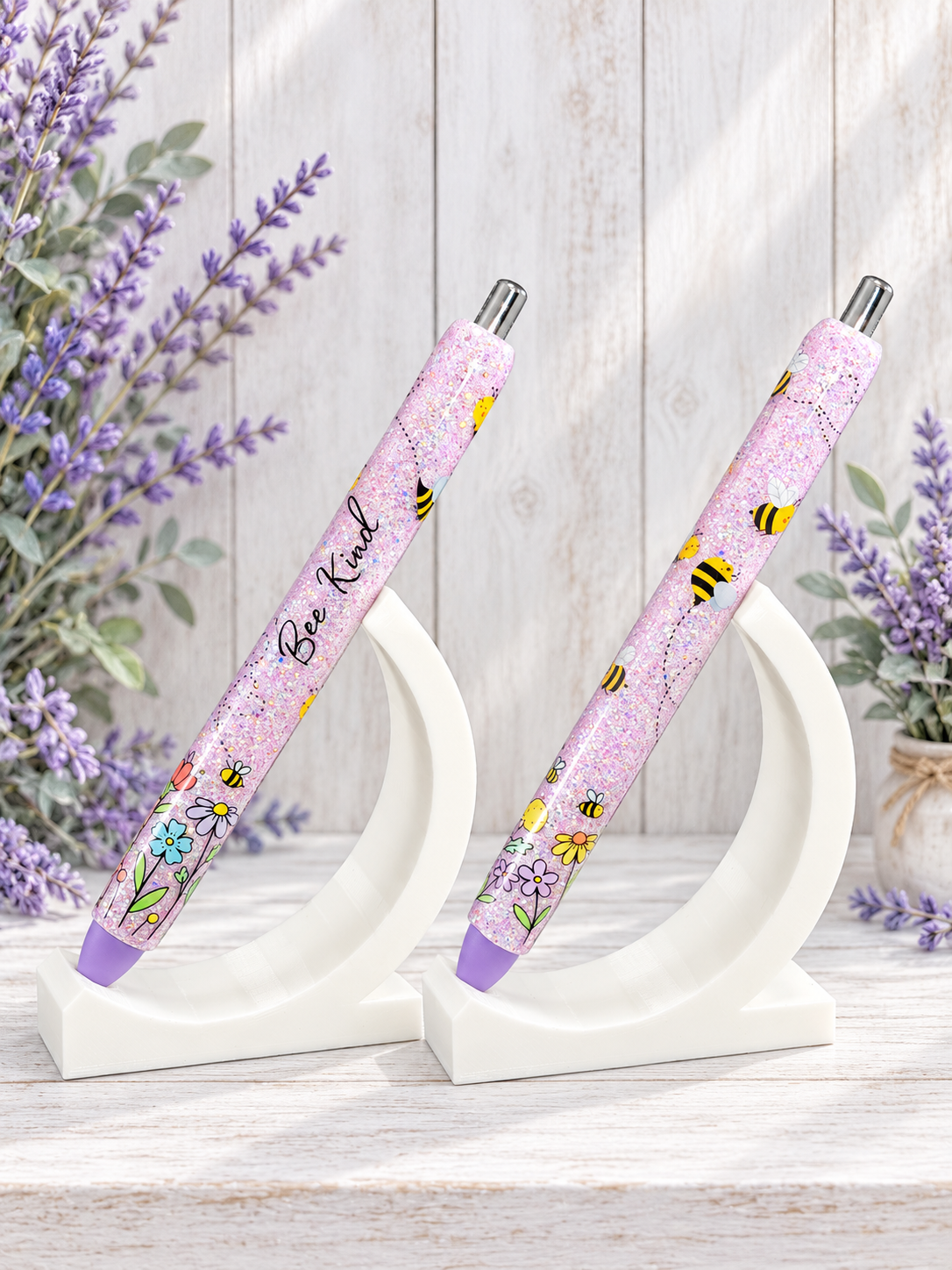 Handmade Bee Kind on lavender glitter pen with free refill