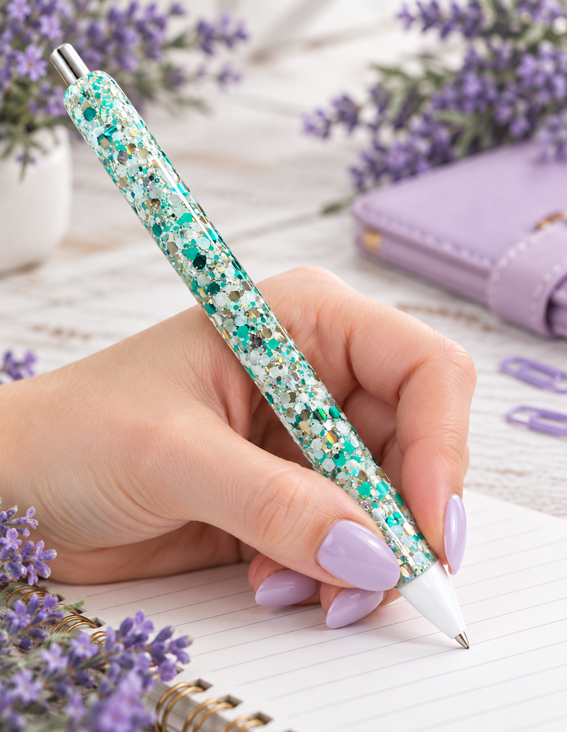 Handmade Turquoise and Silver mix glitter pen with free refill