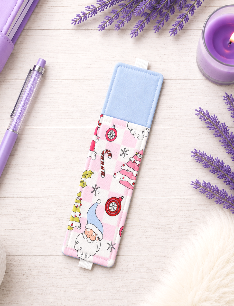 Handsewn Pink Christmas Fabric Bookmark with Accessory Pocket