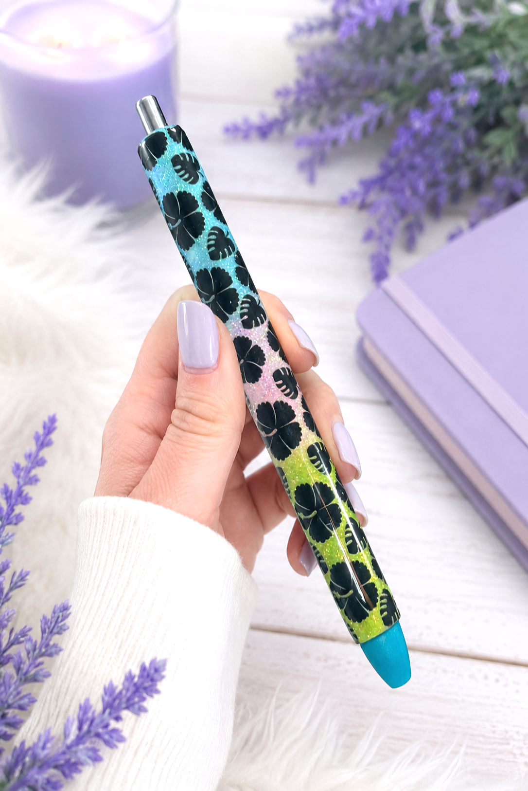 Handmade Hibiscus on rainbow glitter pen with free refill