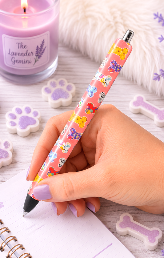 Handmade Dog Bones vinyl wrap glitter pen with free refill