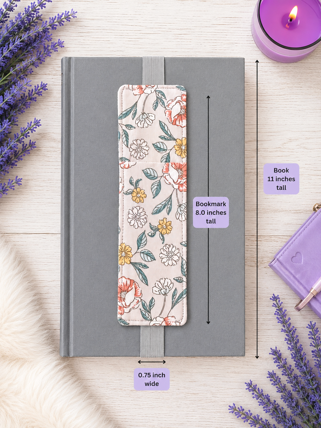 Handsewn Flowers on Peach Fabric Bookmark with Accessory Pocket