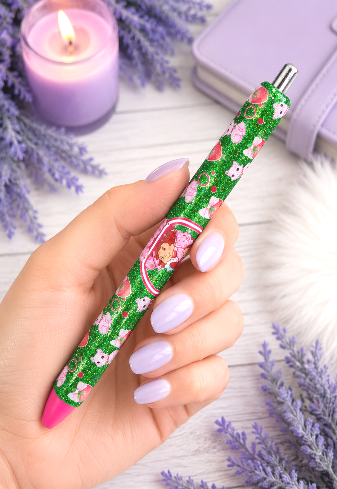 Handmade Strawberry Shortcake on green glitter pen with free refill