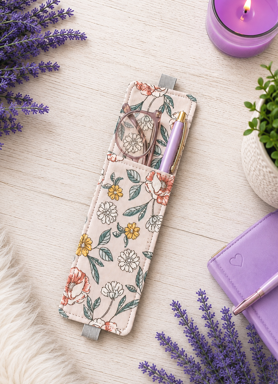 Handsewn Flowers on Peach Fabric Bookmark with Accessory Pocket