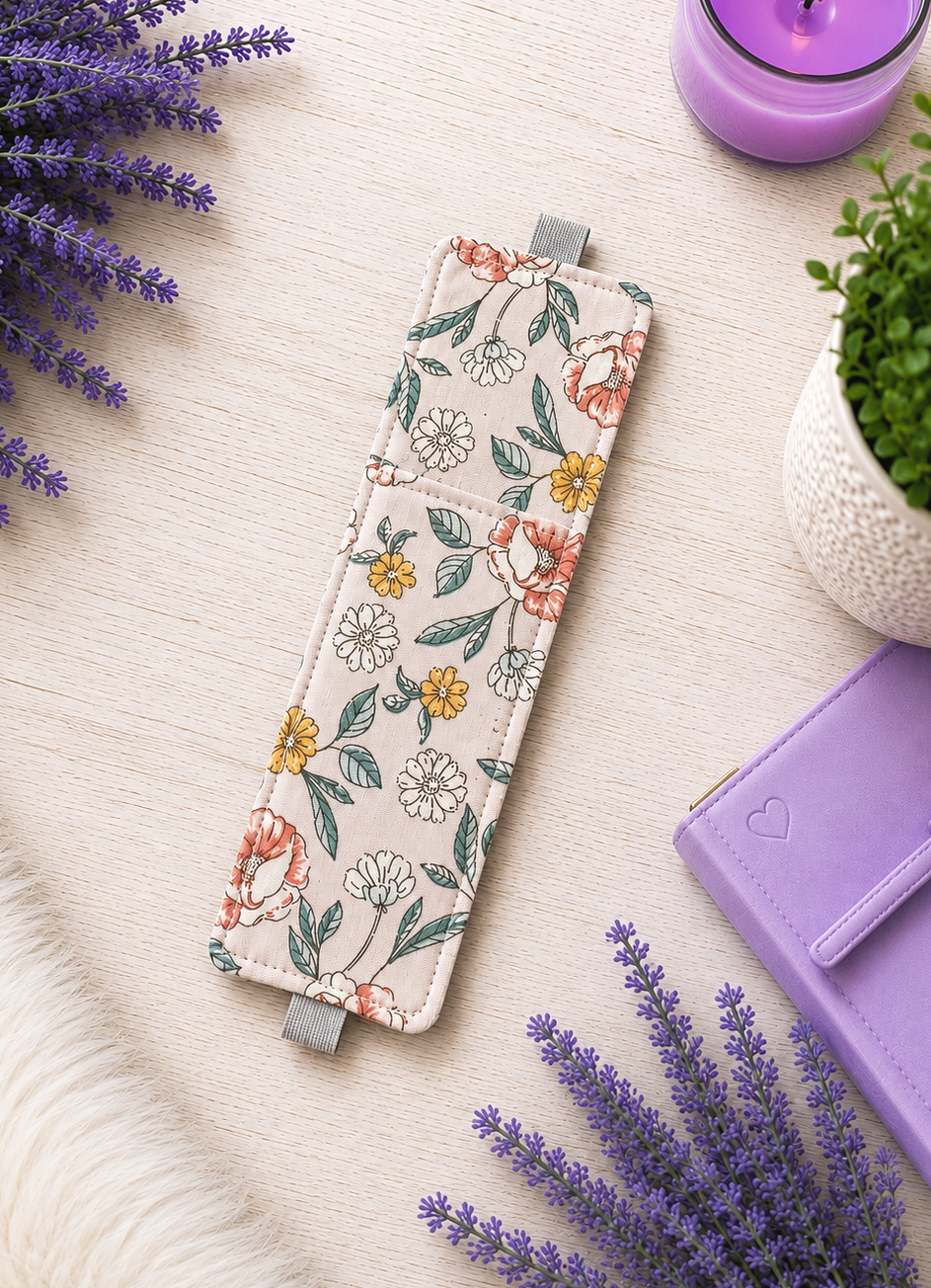 Handsewn Flowers on Peach Fabric Bookmark with Accessory Pocket