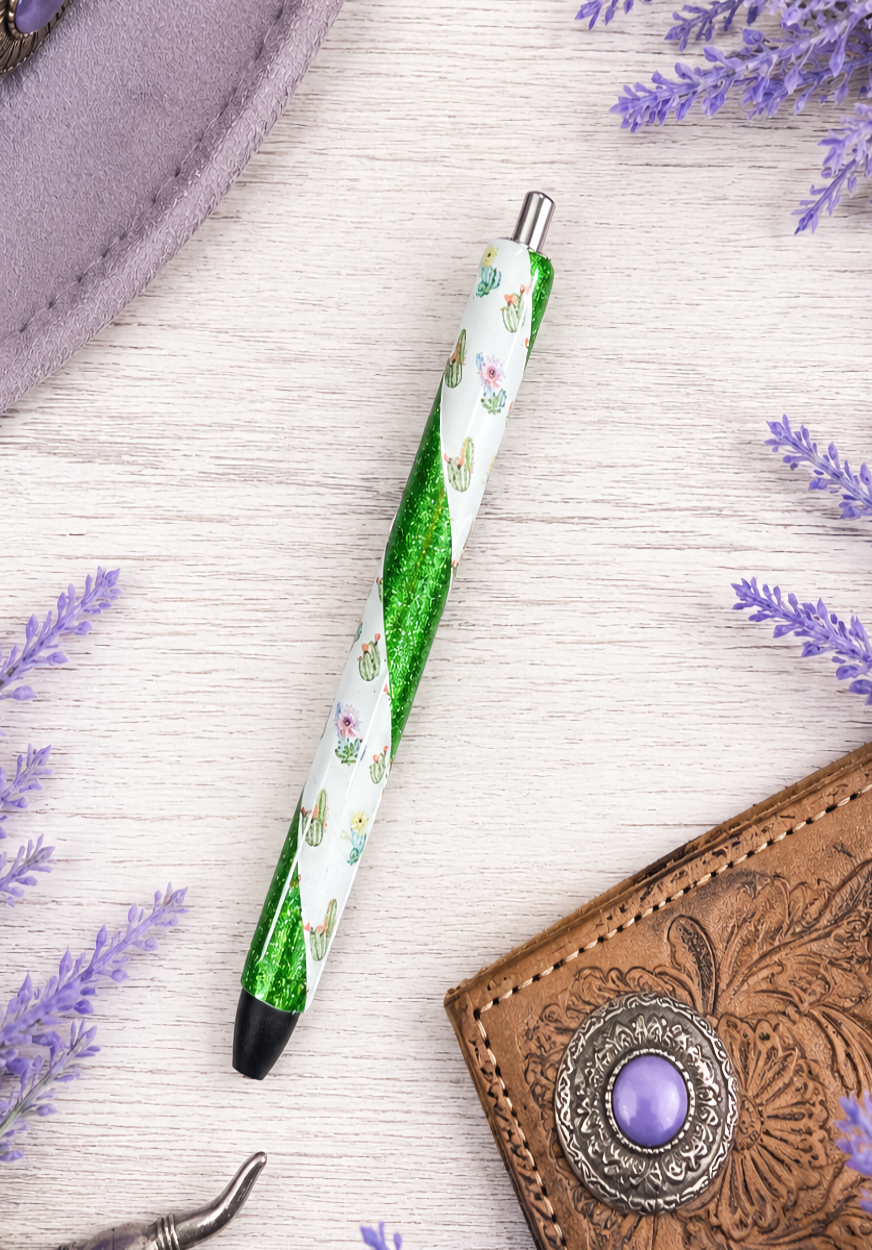Handmade Blooming Watercolor Cactus on green glitter pen with free refill