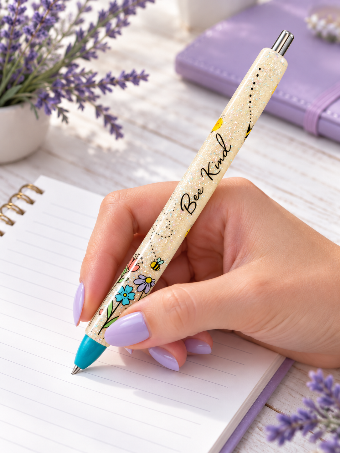 Handmade Bee Kind on tan glitter pen with free refill