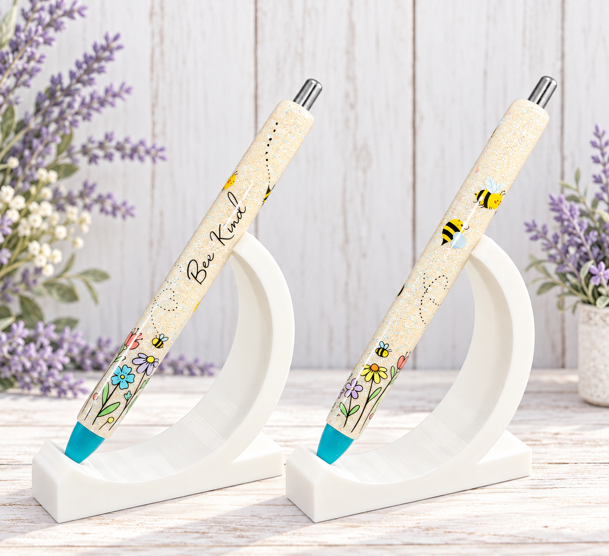 Handmade Bee Kind on tan glitter pen with free refill