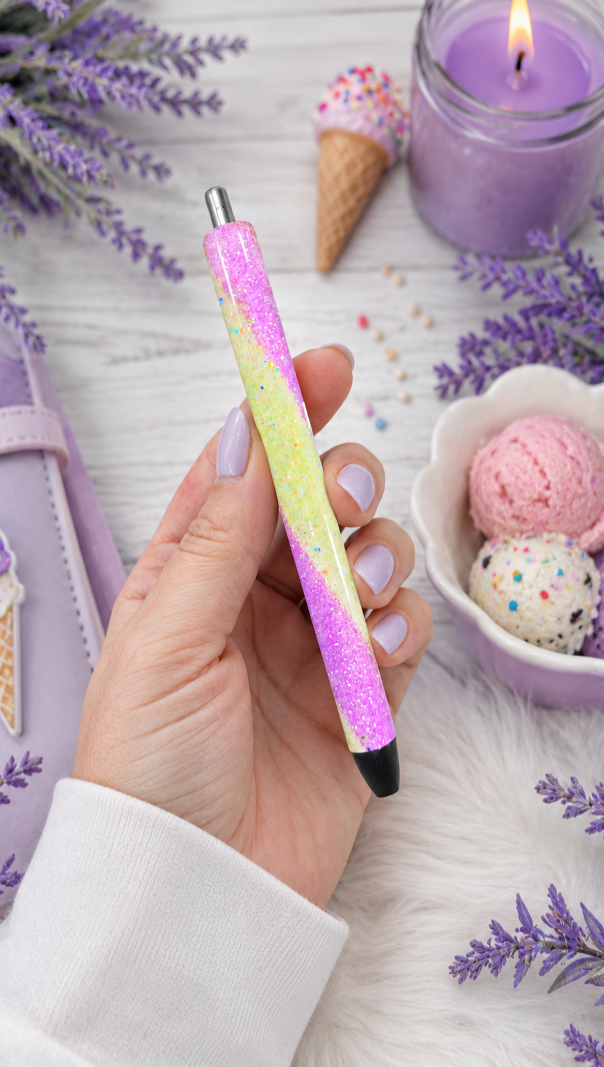 Handmade Pink and Yellow Swirl ombre glitter pen with free refill