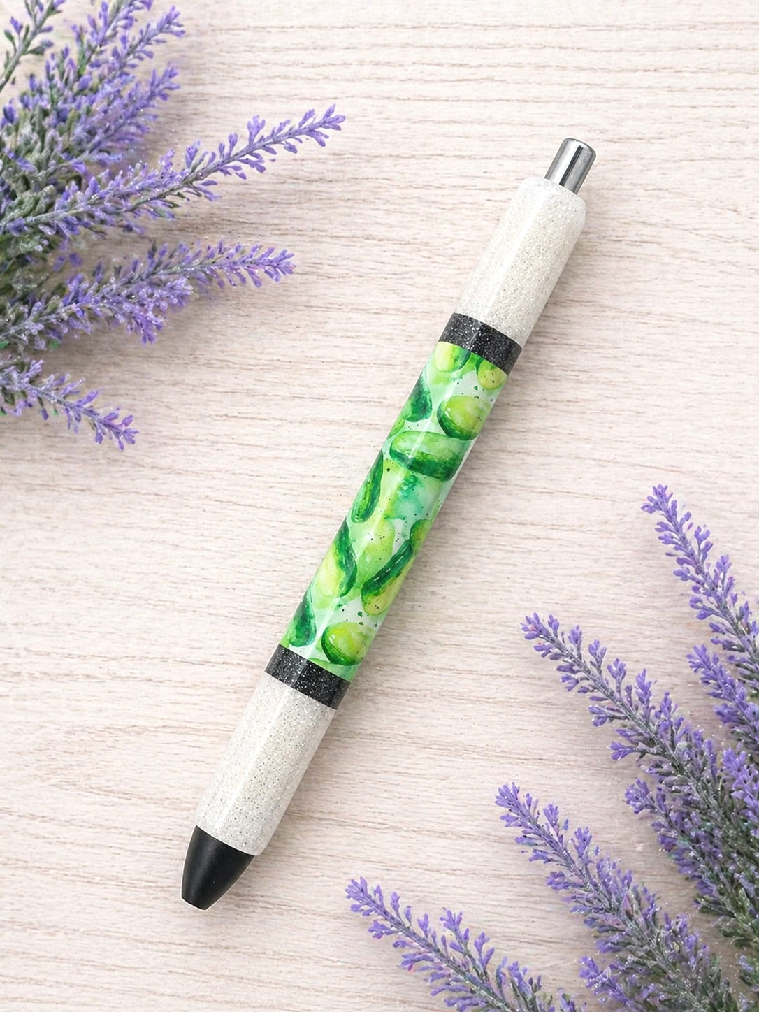 Handmade Pickles Peek a Boo on White glitter pen with free refill