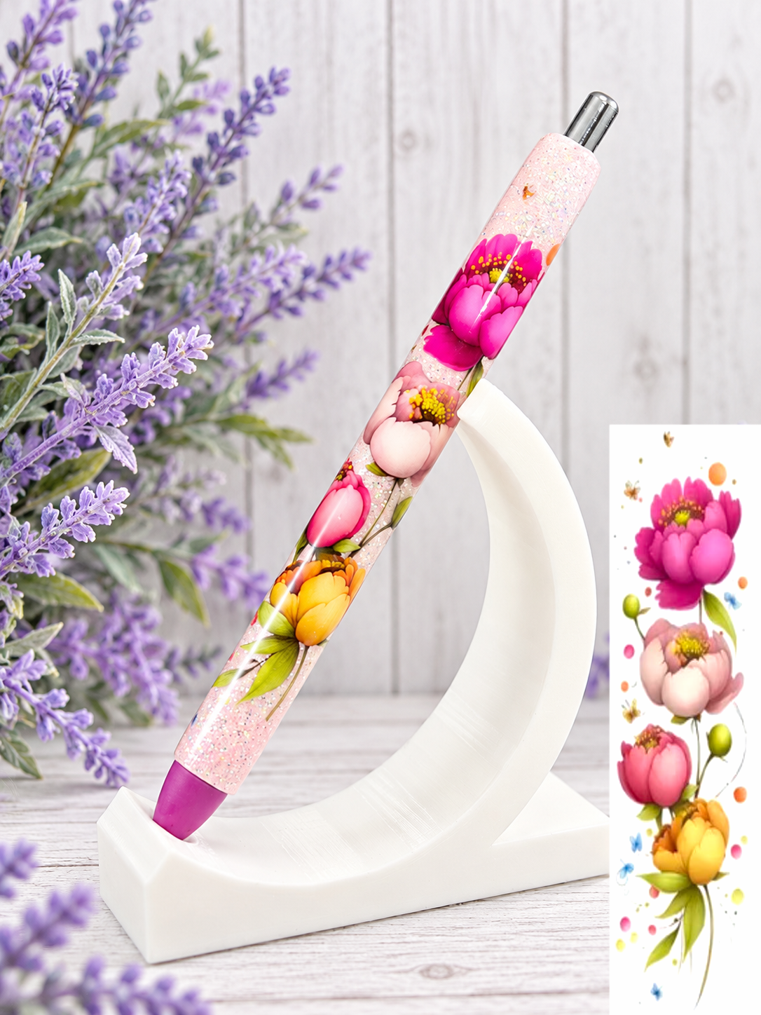 Handmade Flowers on pink glitter pen with free refill