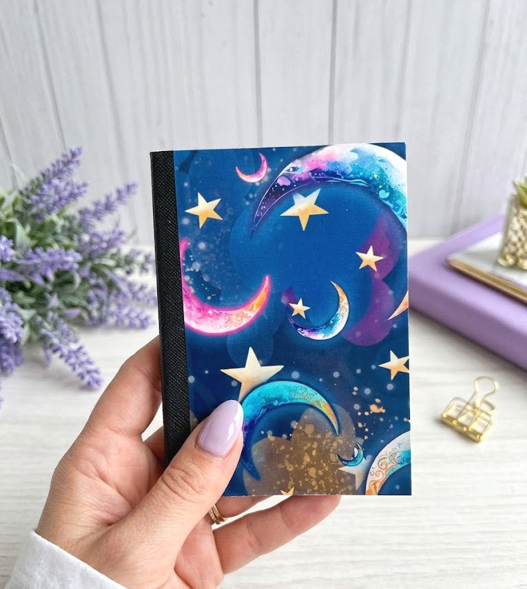 Decorative Vinyl Covered MINIATURE Composition Notebook Watercolor Moons