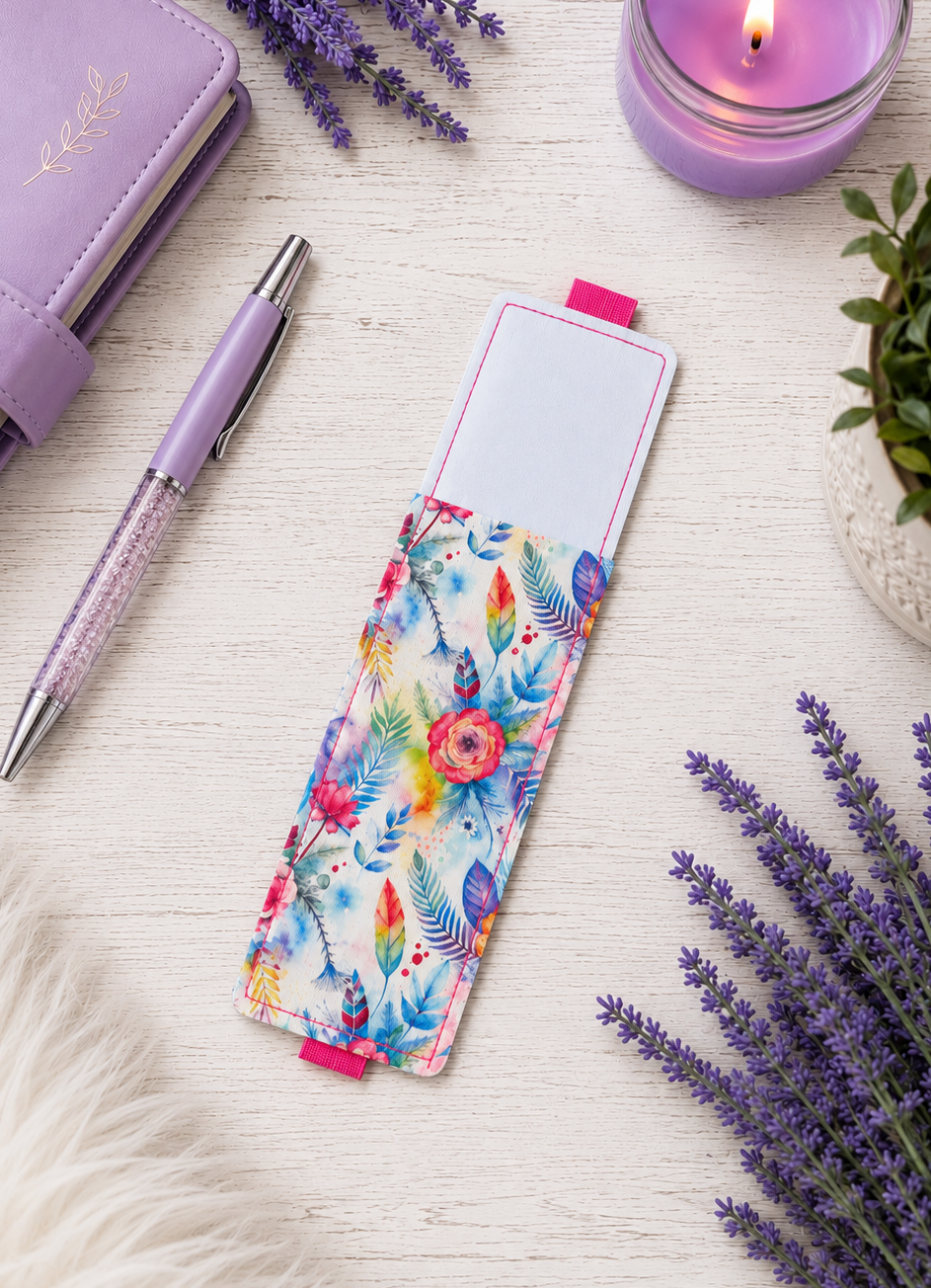 Handsewn Neon Flowers Fabric Bookmark with Accessory Pocket 2