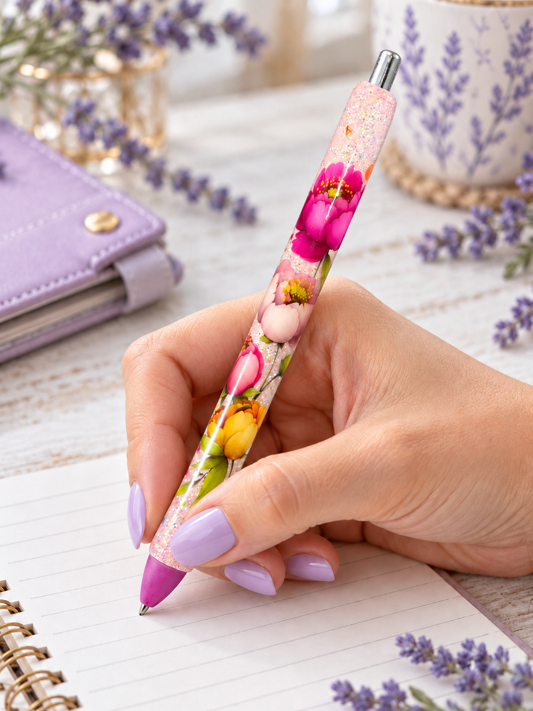 Handmade Flowers on pink glitter pen with free refill