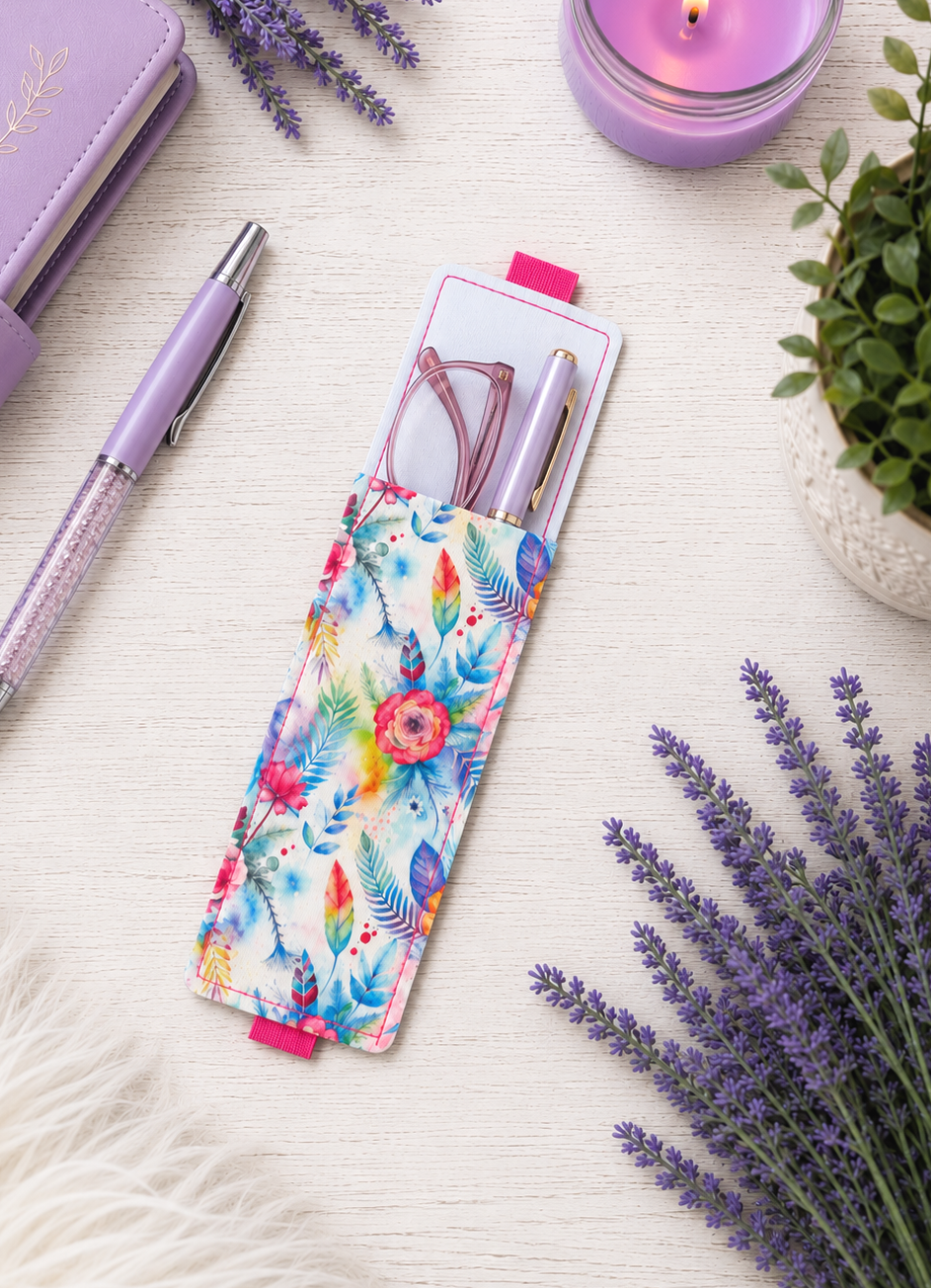 Handsewn Neon Flowers Fabric Bookmark with Accessory Pocket 2