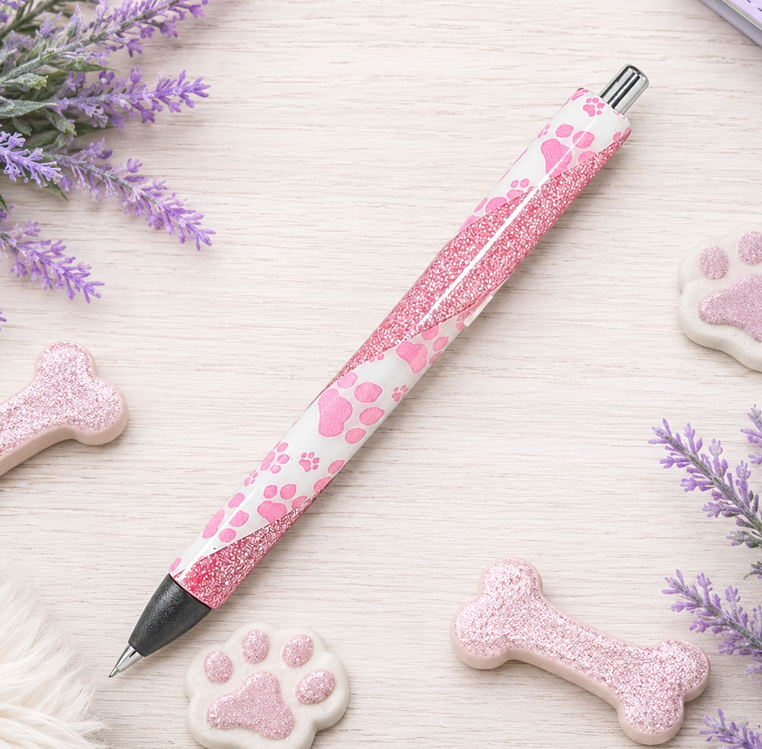 Handmade Dog Paws on Pink glitter pen with free refill