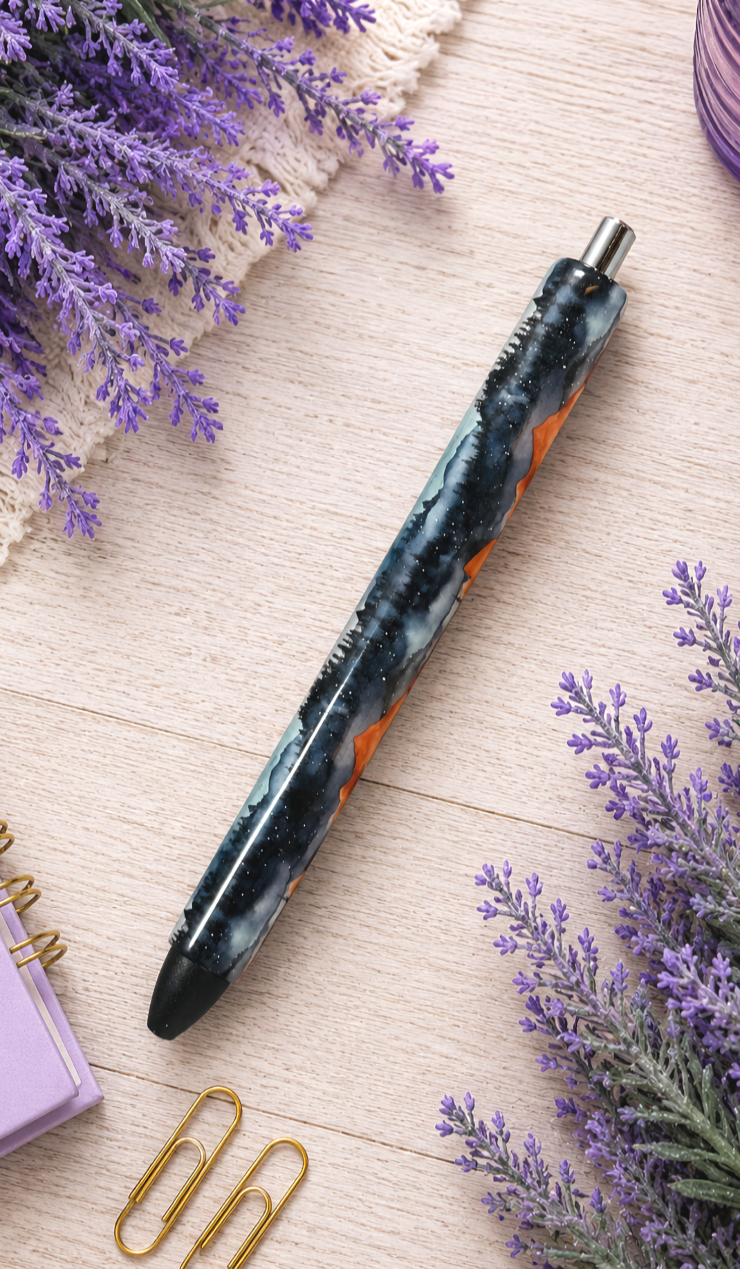 Handmade Twilight Mountain Scape on black glitter pen with free refill