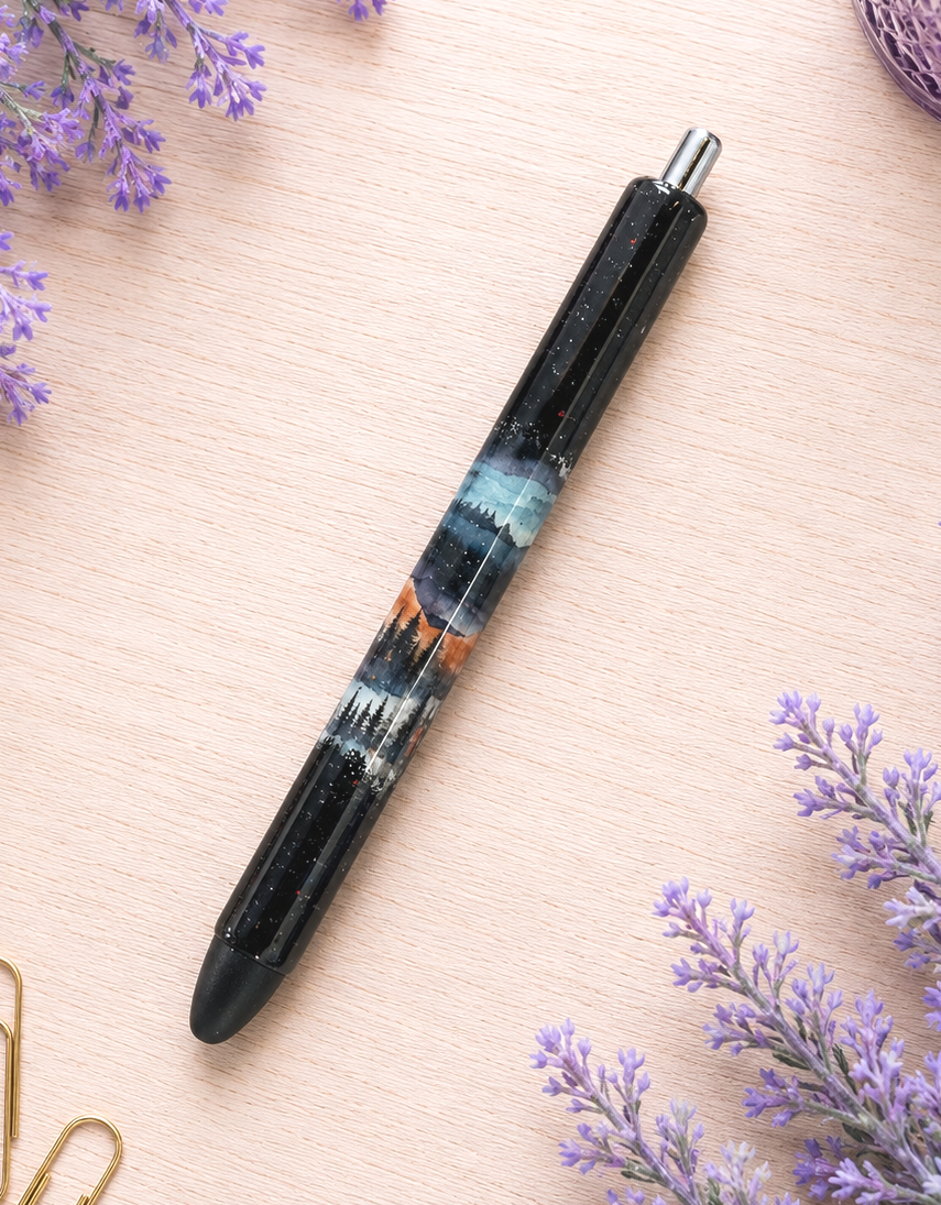 Handmade Black Peek a Boo Twilight Mountain Scape glitter pen with free refill