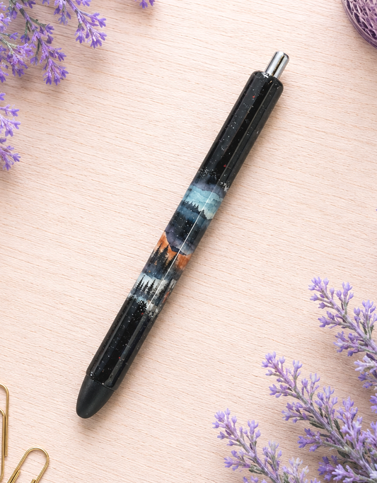 Handmade Black Peek a Boo Twilight Mountain Scape glitter pen with free refill
