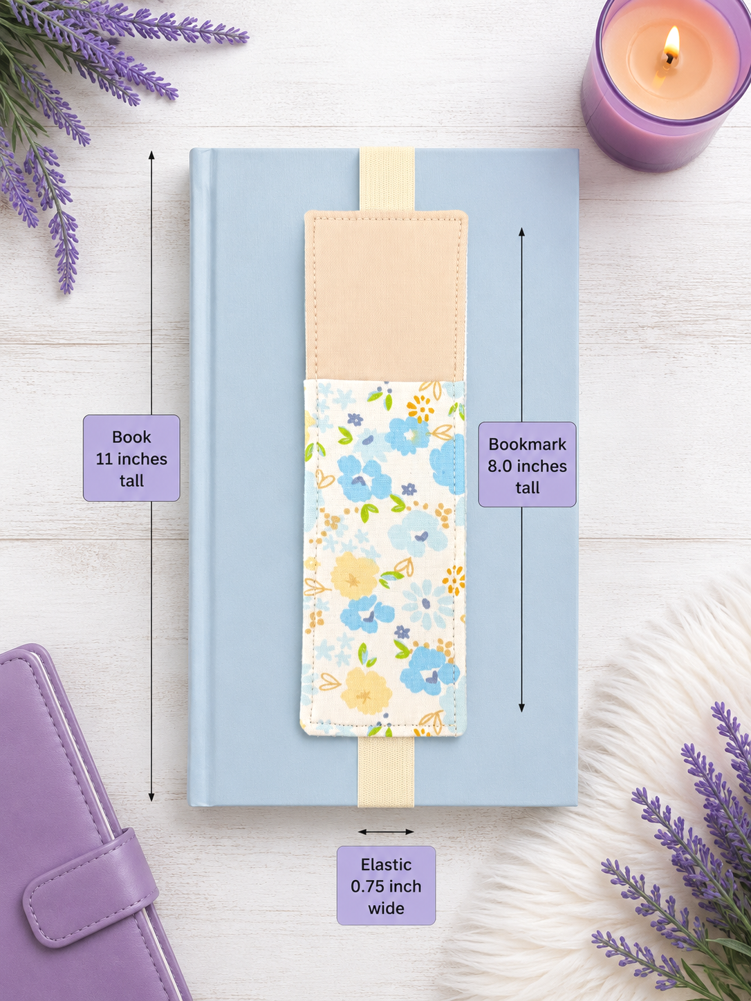 Handsewn Blue and Aqua Flowers Fabric Bookmark with Accessory Pocket
