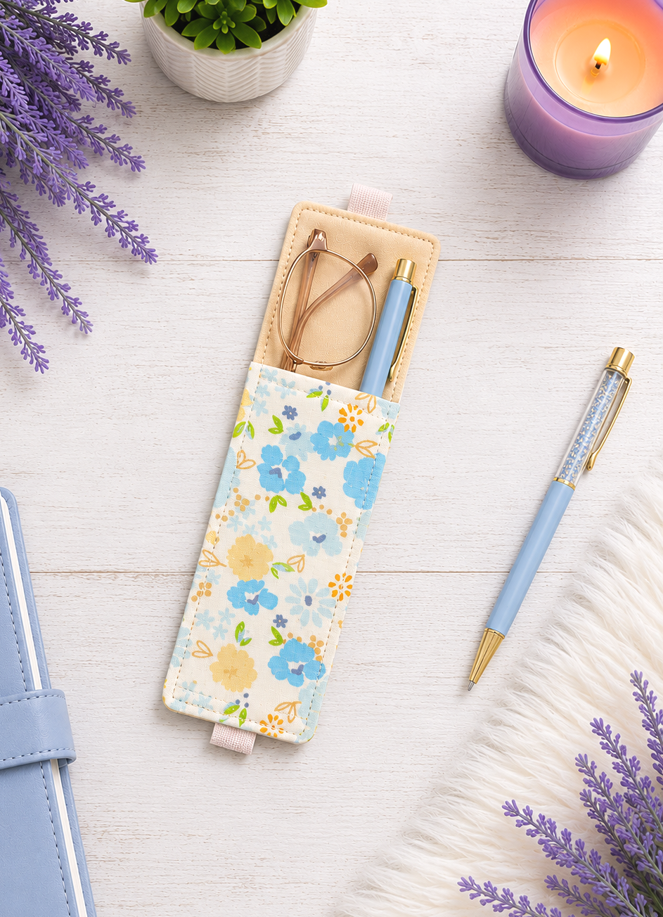 Handsewn Blue and Aqua Flowers Fabric Bookmark with Accessory Pocket