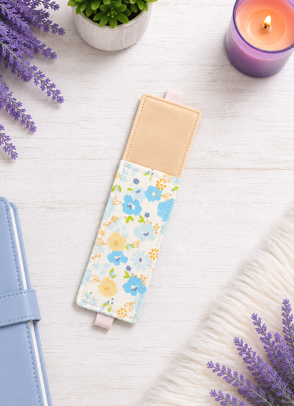 Handsewn Blue and Aqua Flowers Fabric Bookmark with Accessory Pocket