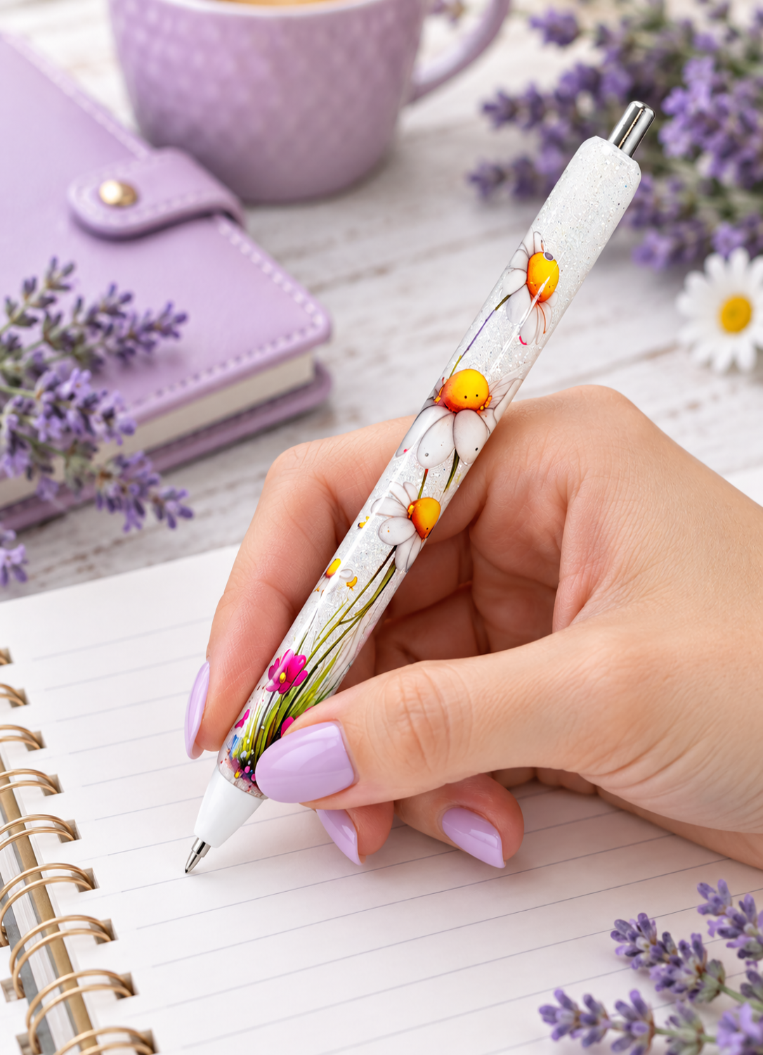 Handmade Daisies glitter pen with free refill
