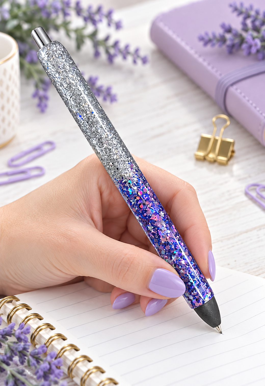 Handmade Purple Mix and Silver glitter pen with free refill