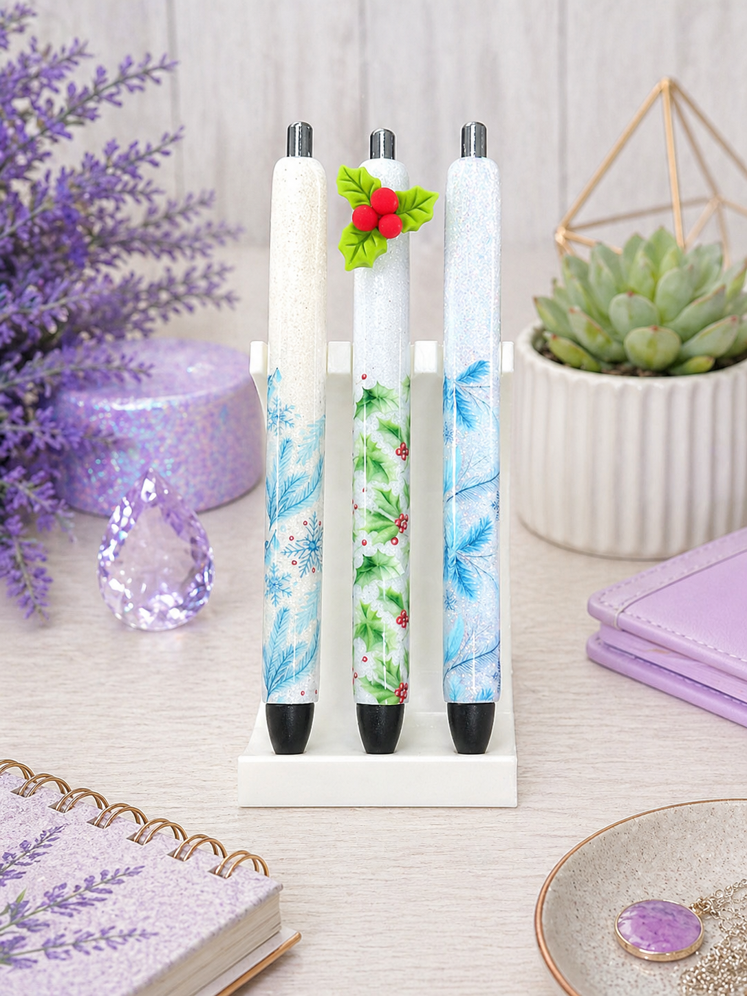 Handmade Blue Winter Foliage glitter pen with free refill 1