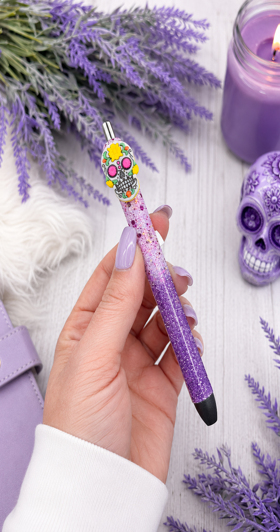 Handmade Halloween Sugar Skill on purple glitter pen  with free refill