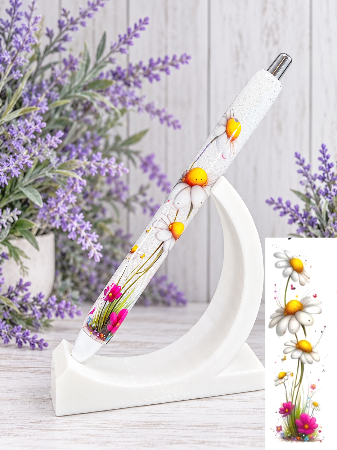 Handmade Daisies glitter pen with free refill
