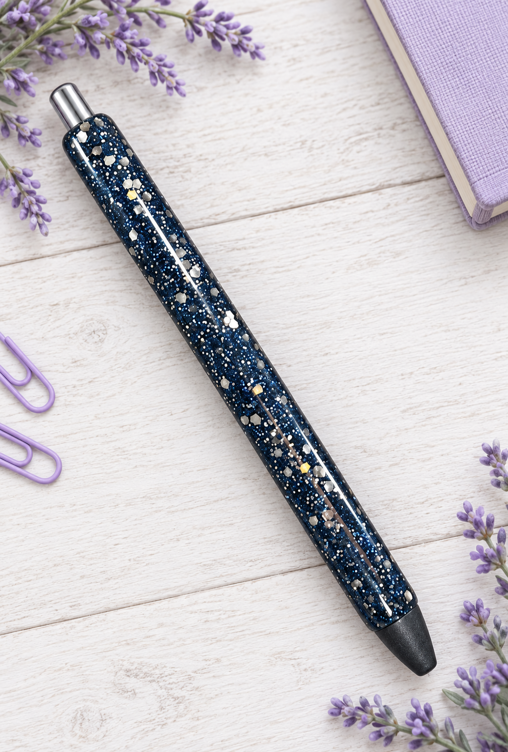 Handmade Midnight Blue and Silver mix glitter pen with free refill